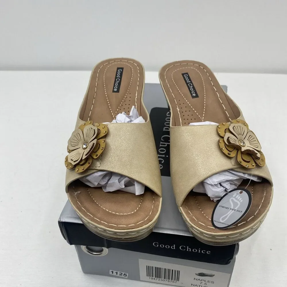 Good Choice Shoes Women's Naples Flower Wedge Sandals Size 7.5 Natural